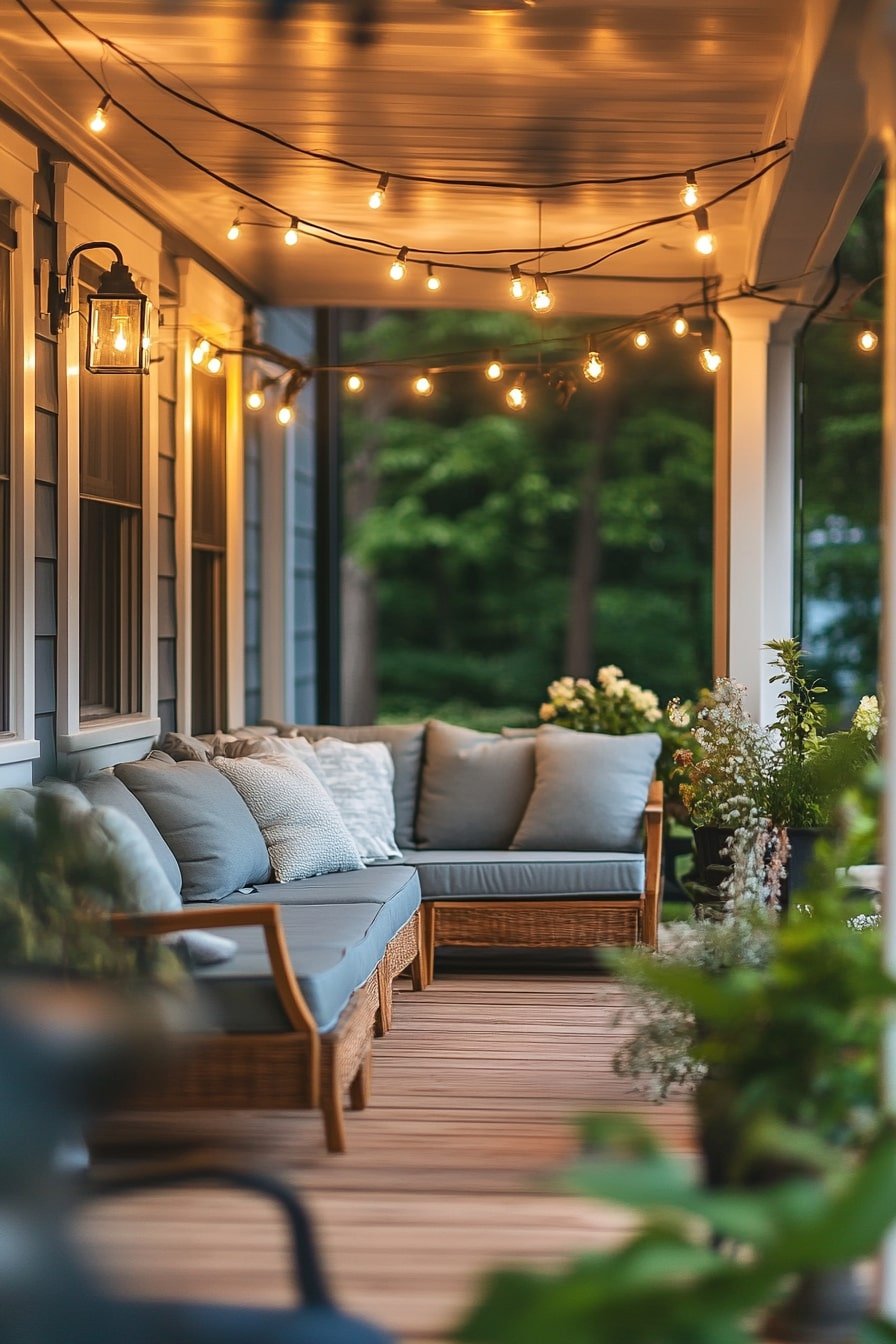 Cozy Front Porch with String Lights and Comfortable Seating