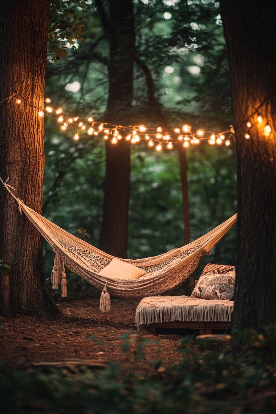 Cozy Hammock Setup with String Lights for a Forest Retreat