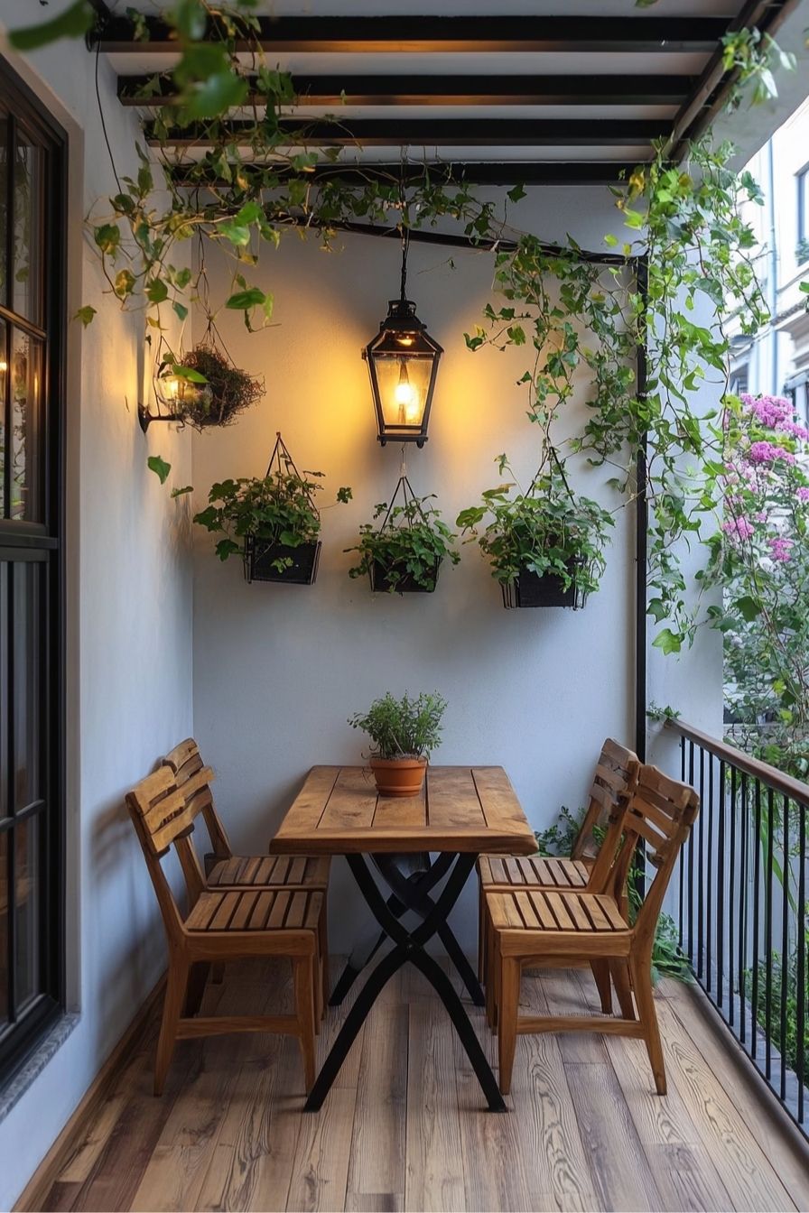 Create a Cozy Balcony Hideaway with Hanging Planters and Lantern Lighting