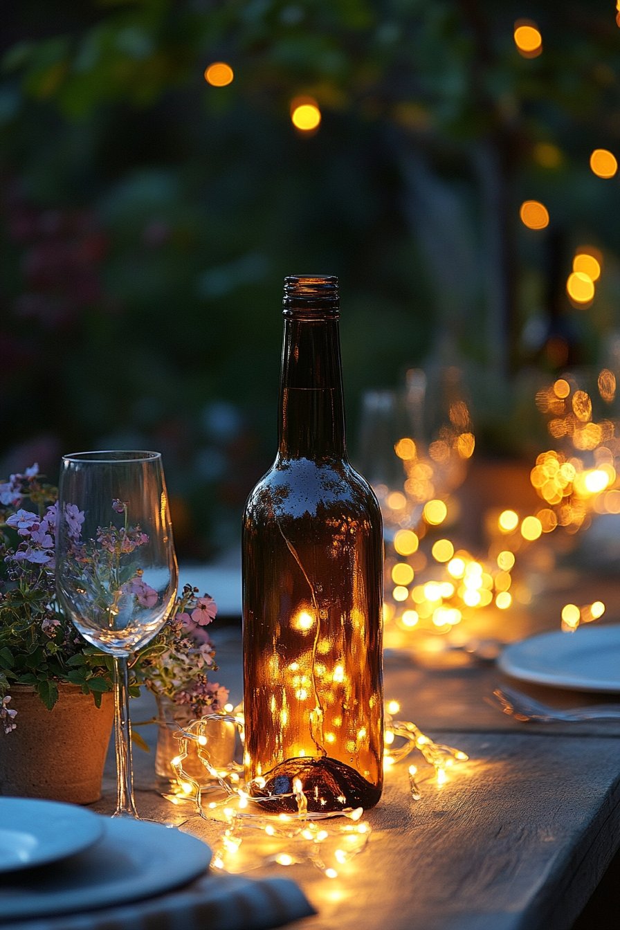 DIY Wine Bottle Centerpieces with String Lights for Magical Dining