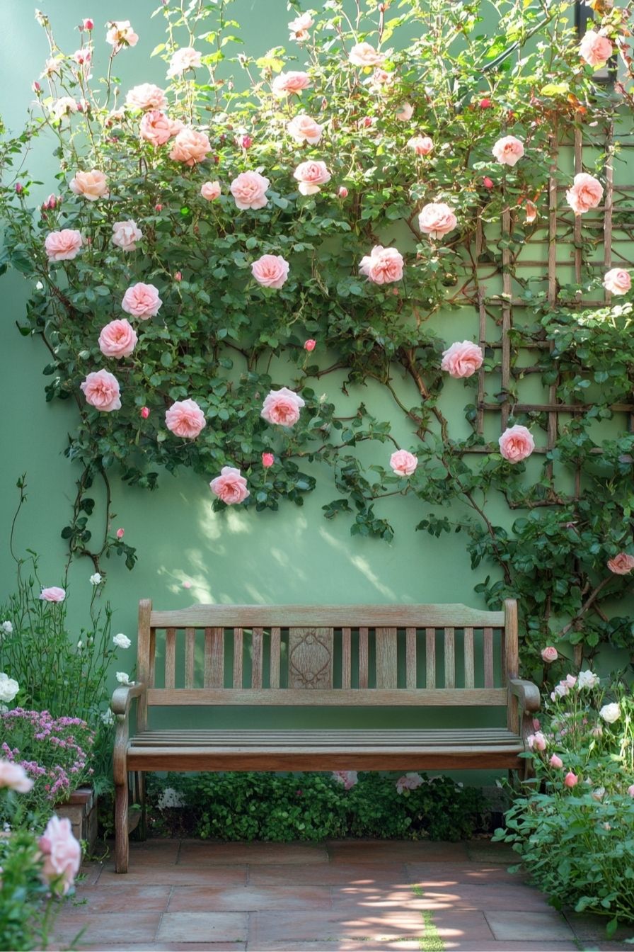 Design a Romantic Climbing Rose Wall with a Cozy Bench