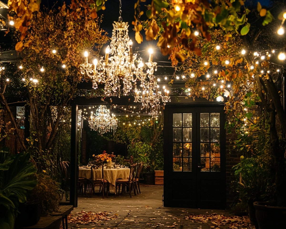 Elegant Chandelier and String Lights for a Sophisticated Outdoor Setting