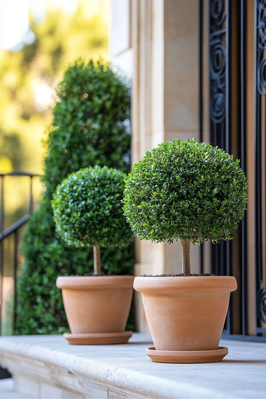 Elevate Balcony Privacy with Elegant Boxwood Topiaries