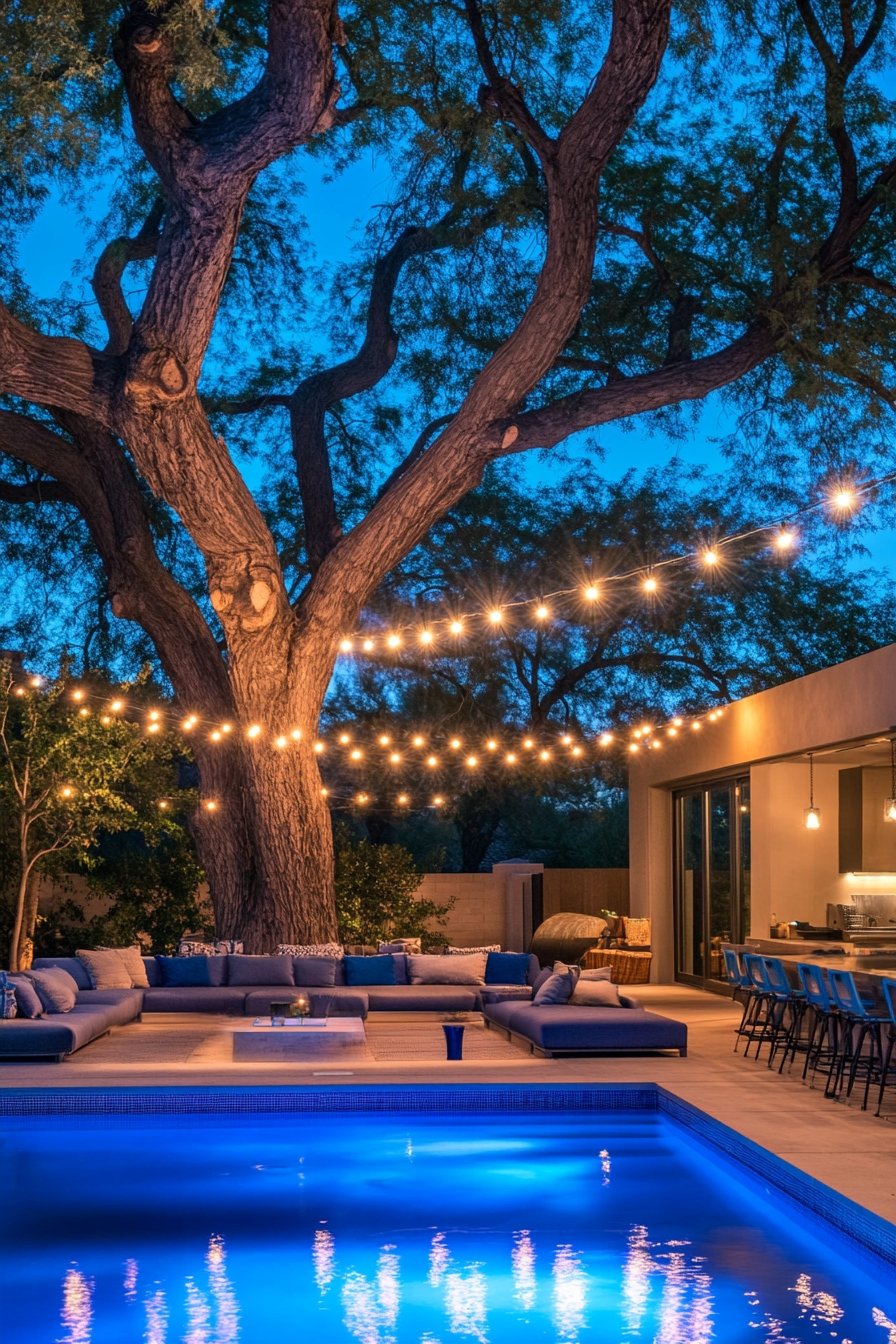 Enhance Poolside Charm with String Lights Under a Tree Canopy