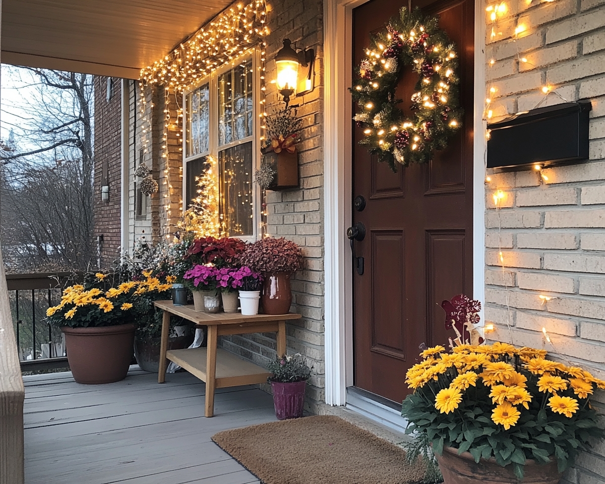 Illuminate Your Front Porch Using String Lights and Colorful Flower Pots