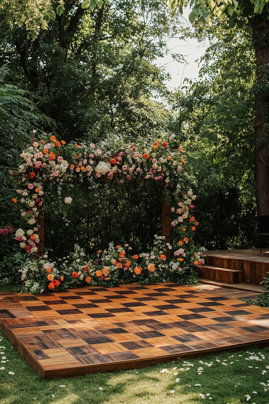 Floral Arch with Wooden Checkerboard Dance Floor