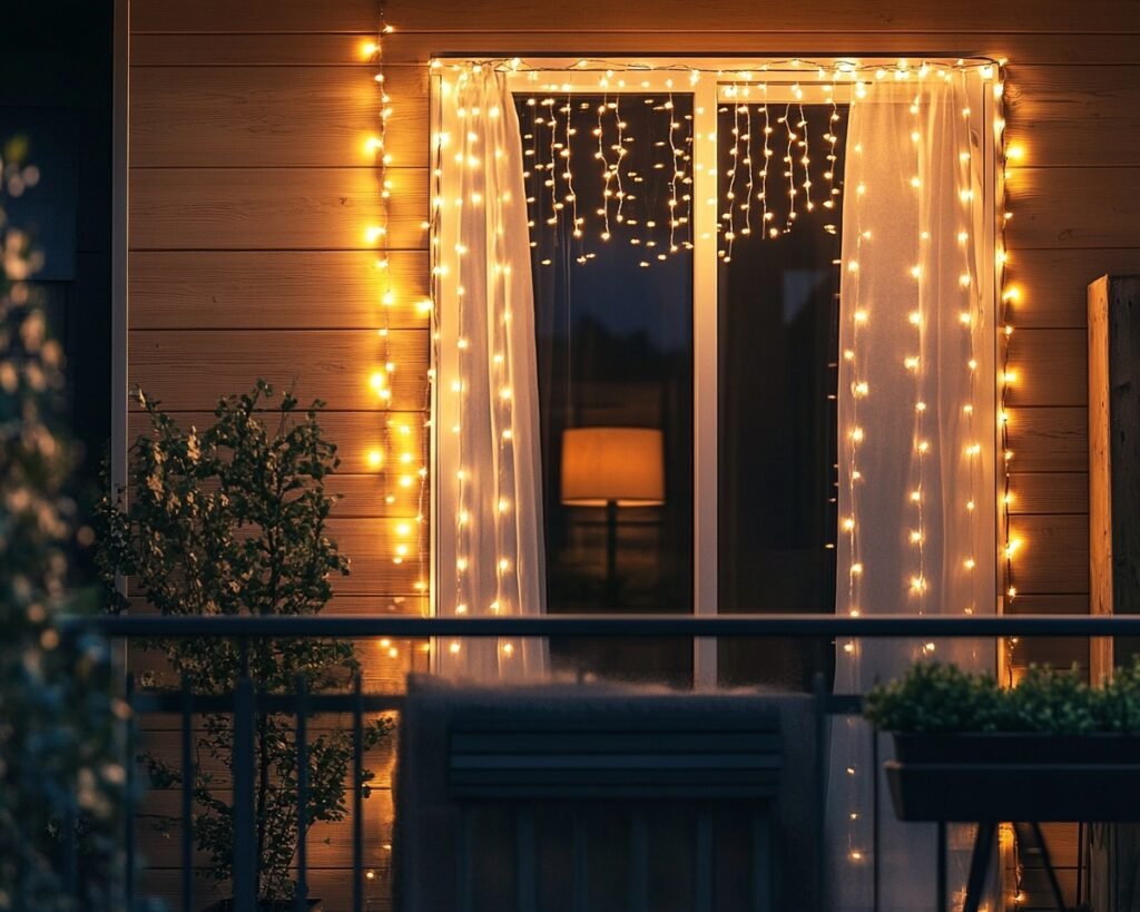 Frame Your Balcony Door With Cascading String Lights for a Warm Glow