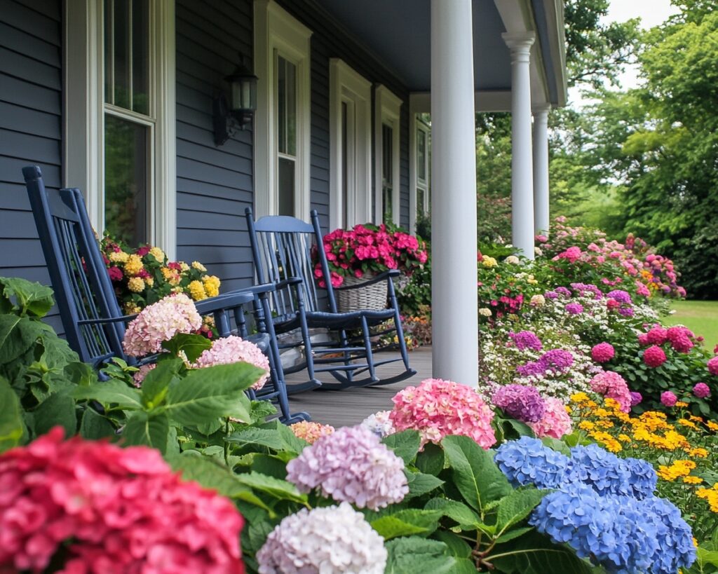 Create a Vibrant Porch Garden with Hydrangeas and Colorful Flower BedsPorch