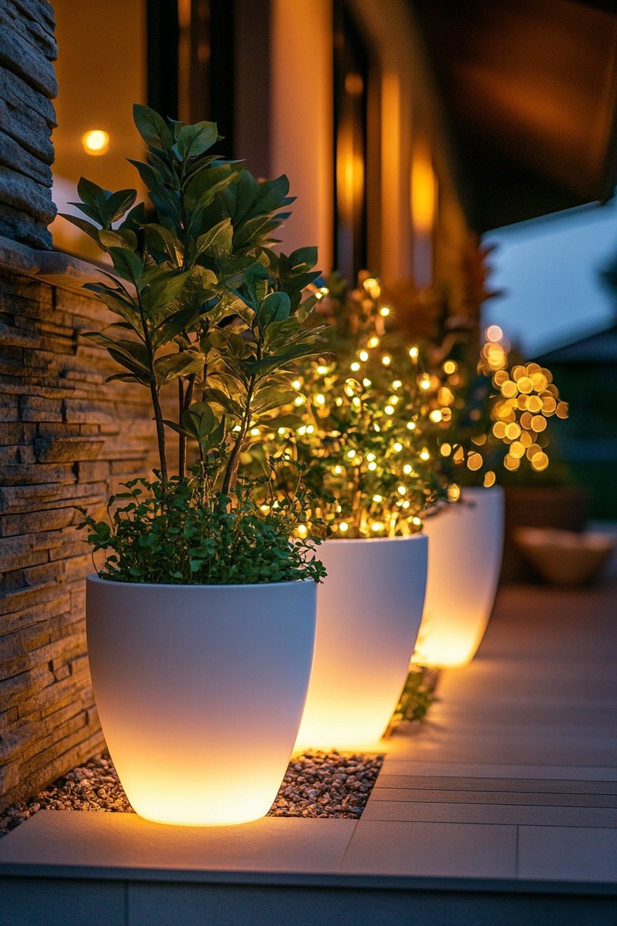 Illuminate Potted Plants with Subtle String Lights for a Modern Touch