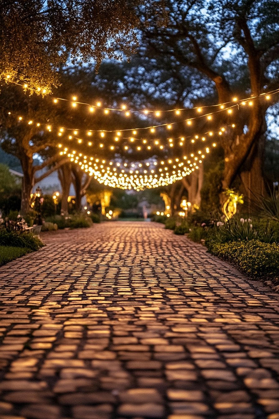 Illuminate a Cobblestone Pathway with String Lights for a Romantic Glow