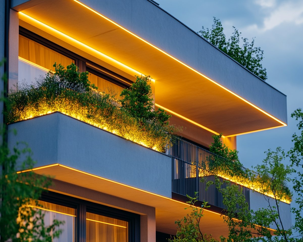 Illuminate Your Balcony’s Edge with Modern LED Strip Lighting for a Sleek, Warm Glow