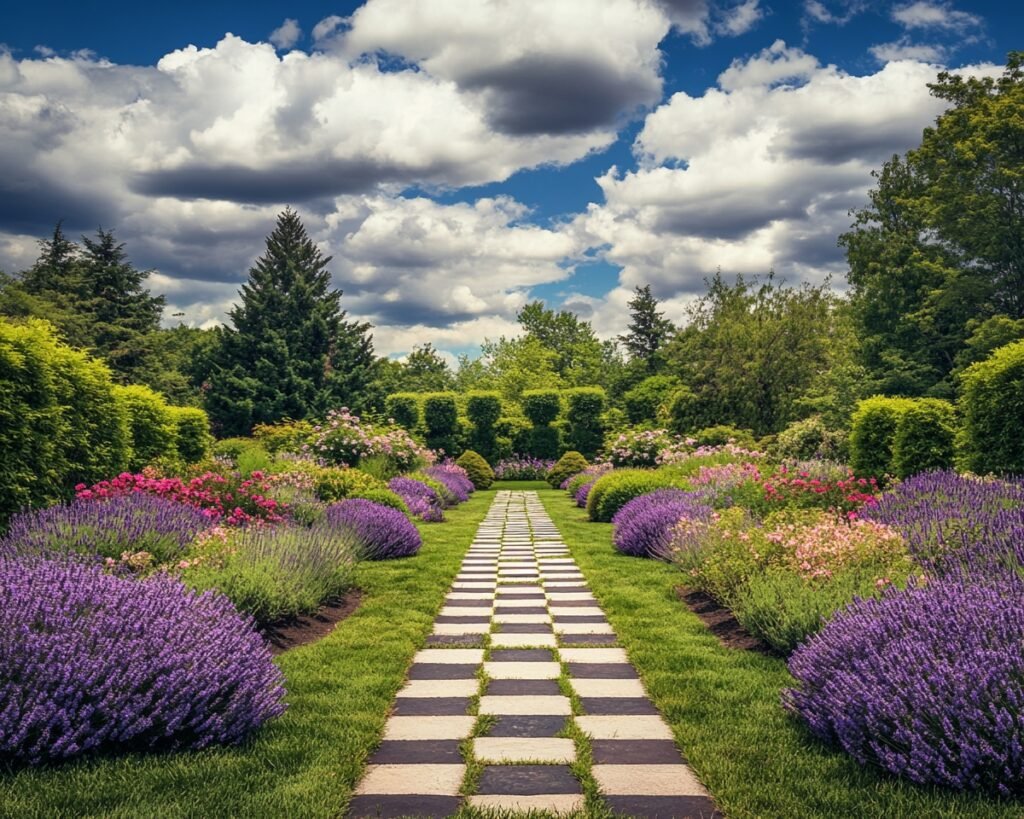 Lavender-Lined Checkerboard Pathway