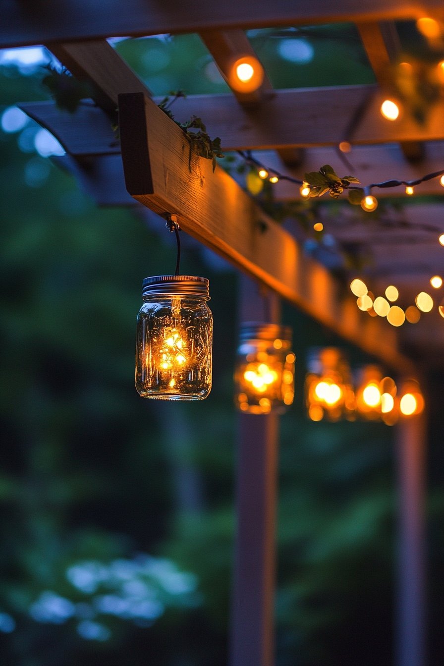 Mason Jar Lights on a Wooden Pergola