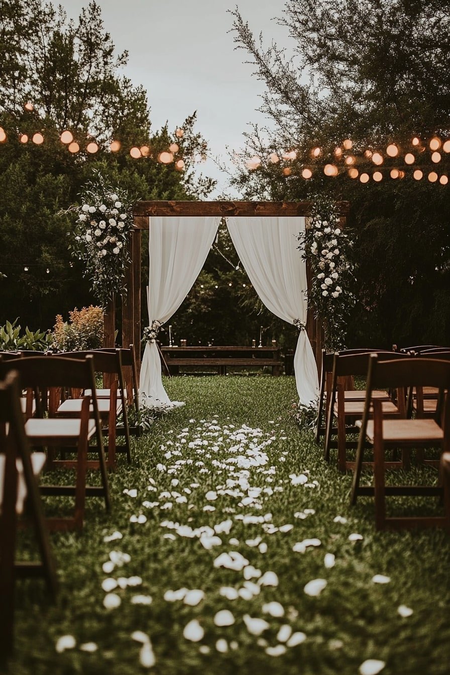 Minimalist Wooden Arch with Draped White Fabric