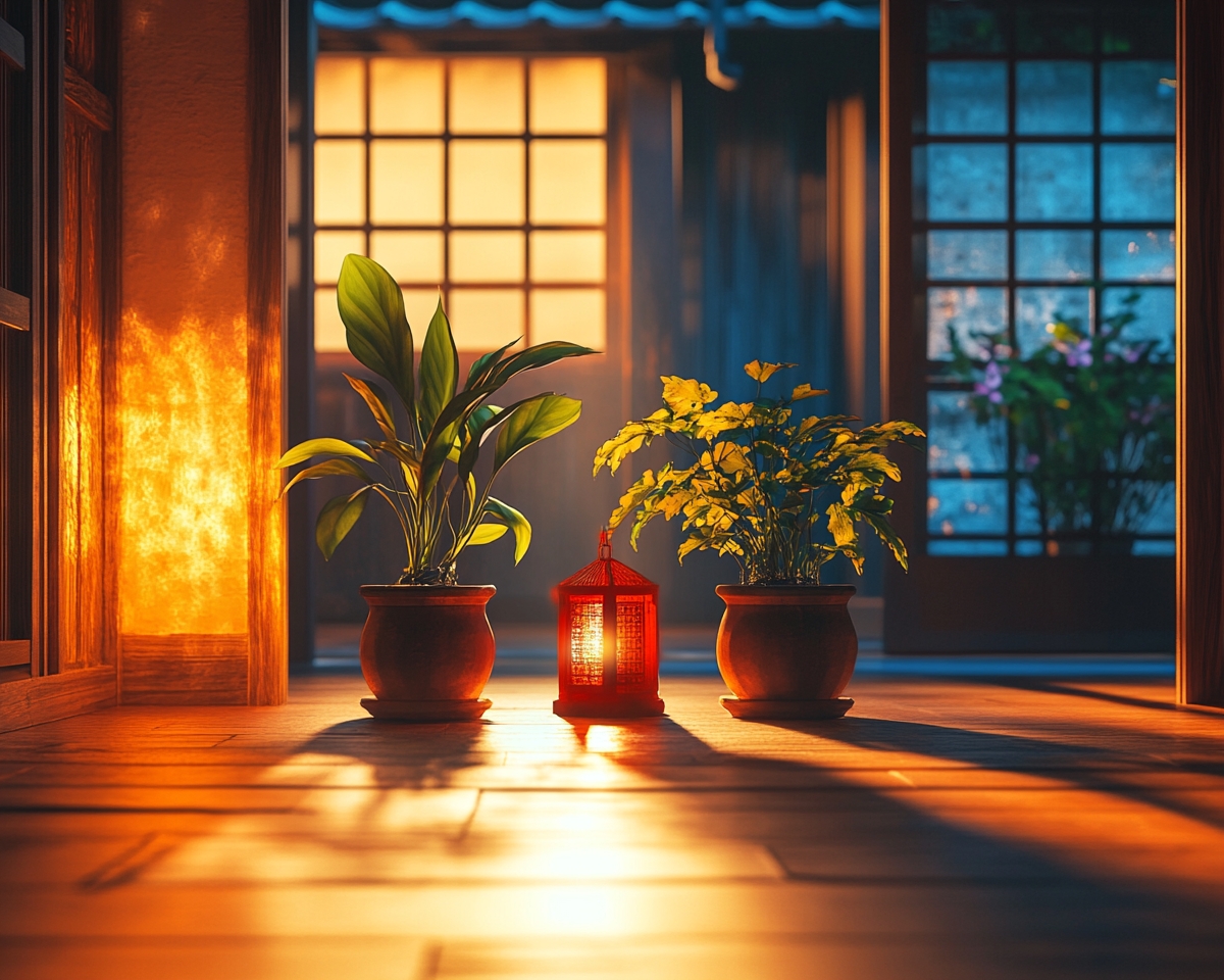 Pair Potted Plants with Lantern Lighting for a Cozy Porch Look