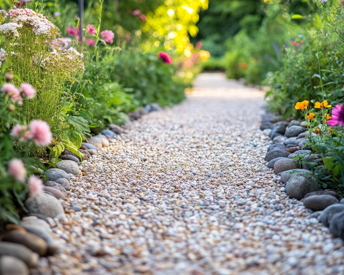 Create a Serene Pathway by Lining Garden Walks with Pebbles and Colorful Flowers