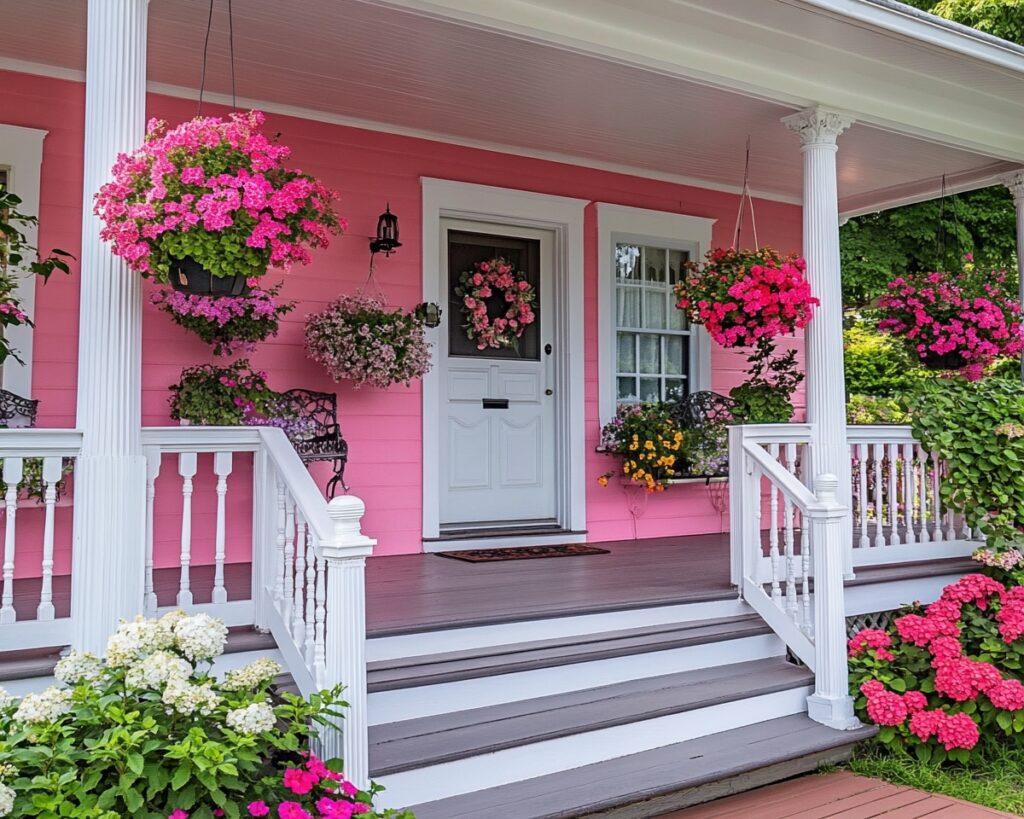 Pink Porch Paradise with Blooming Baskets