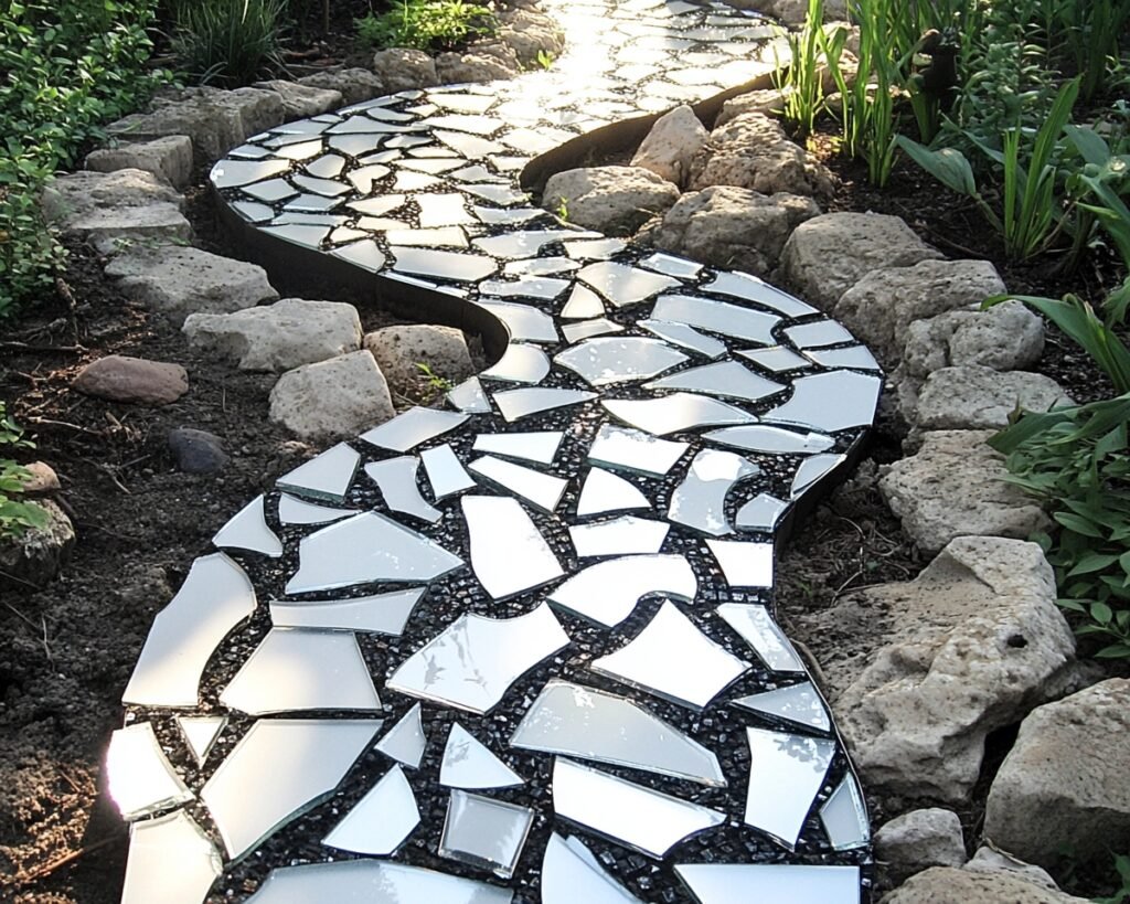 Create a Unique Mosaic Pathway Using Shattered Mirror Pieces for a Stunning Garden Effect