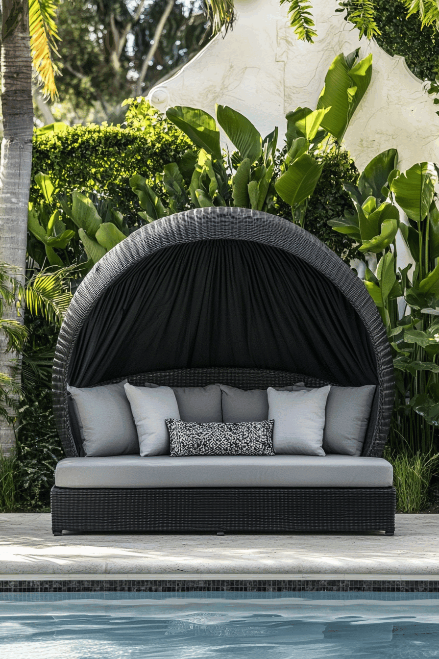 Relax in Sleek Poolside Lounger with Modern Shade