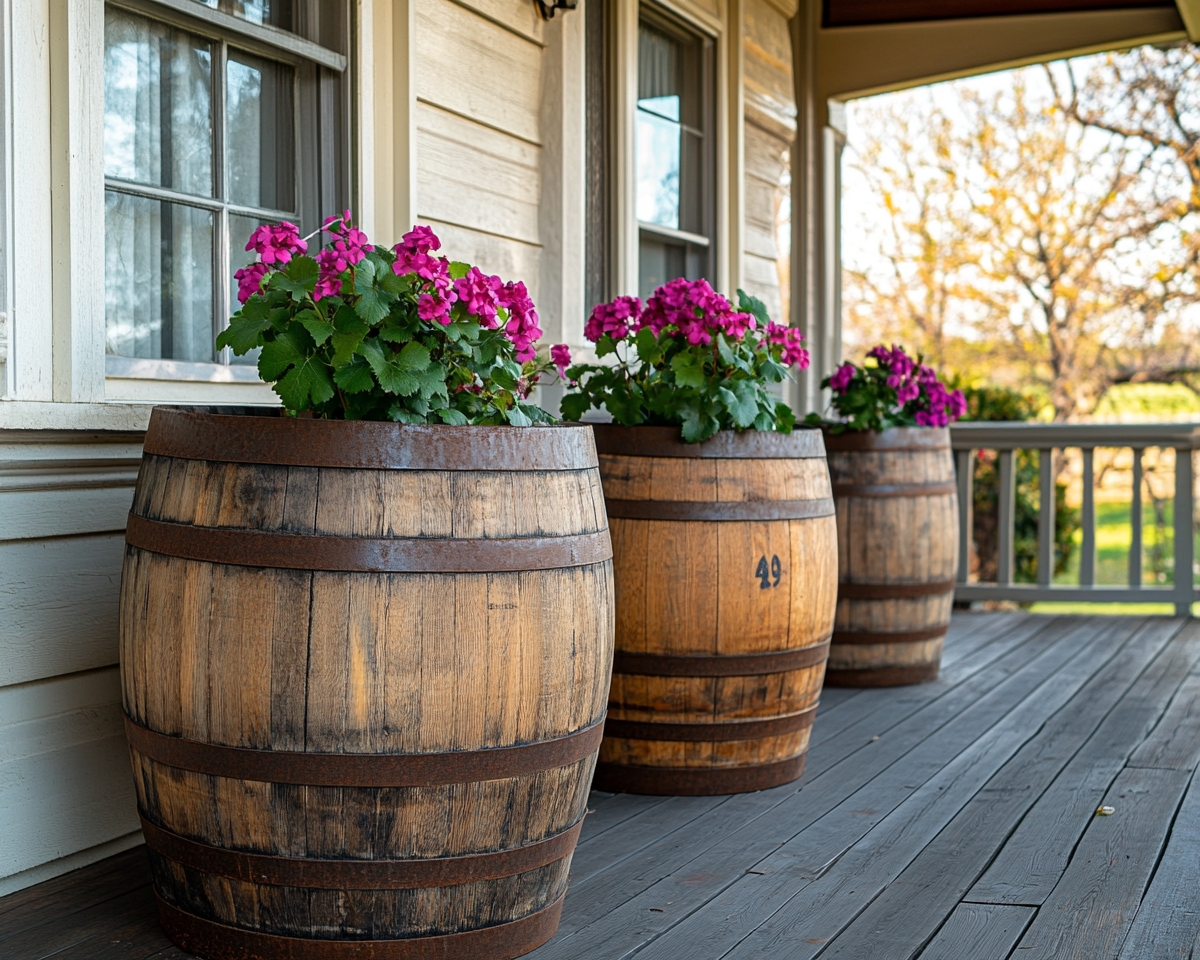 Enhance Your Front Porch Charm Using Rustic Barrel Planters for a Welcoming Vibe