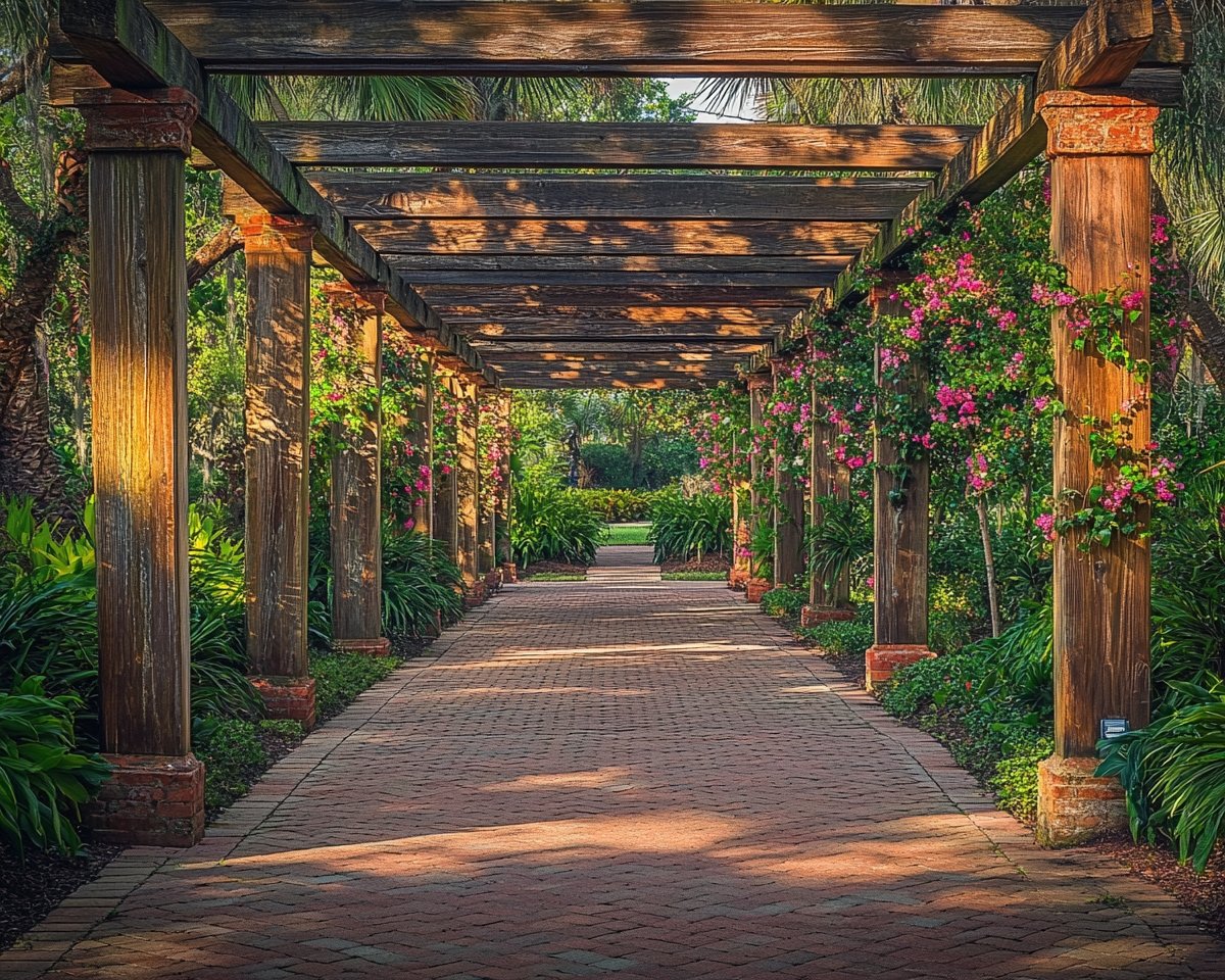 Rustic Pergola Pathway with Blooming Vines