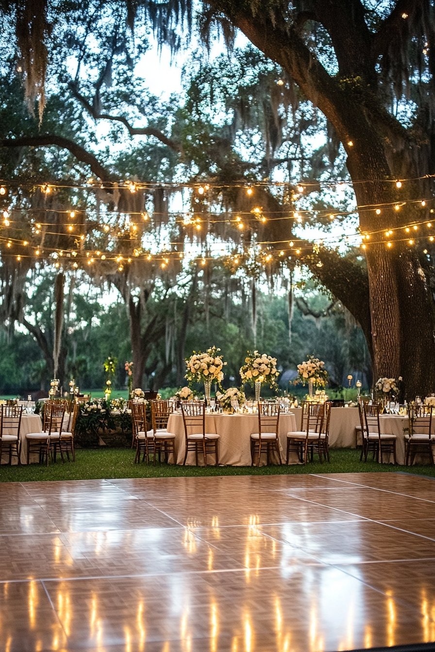 String Lights Above a Polished Wooden Dance Floor