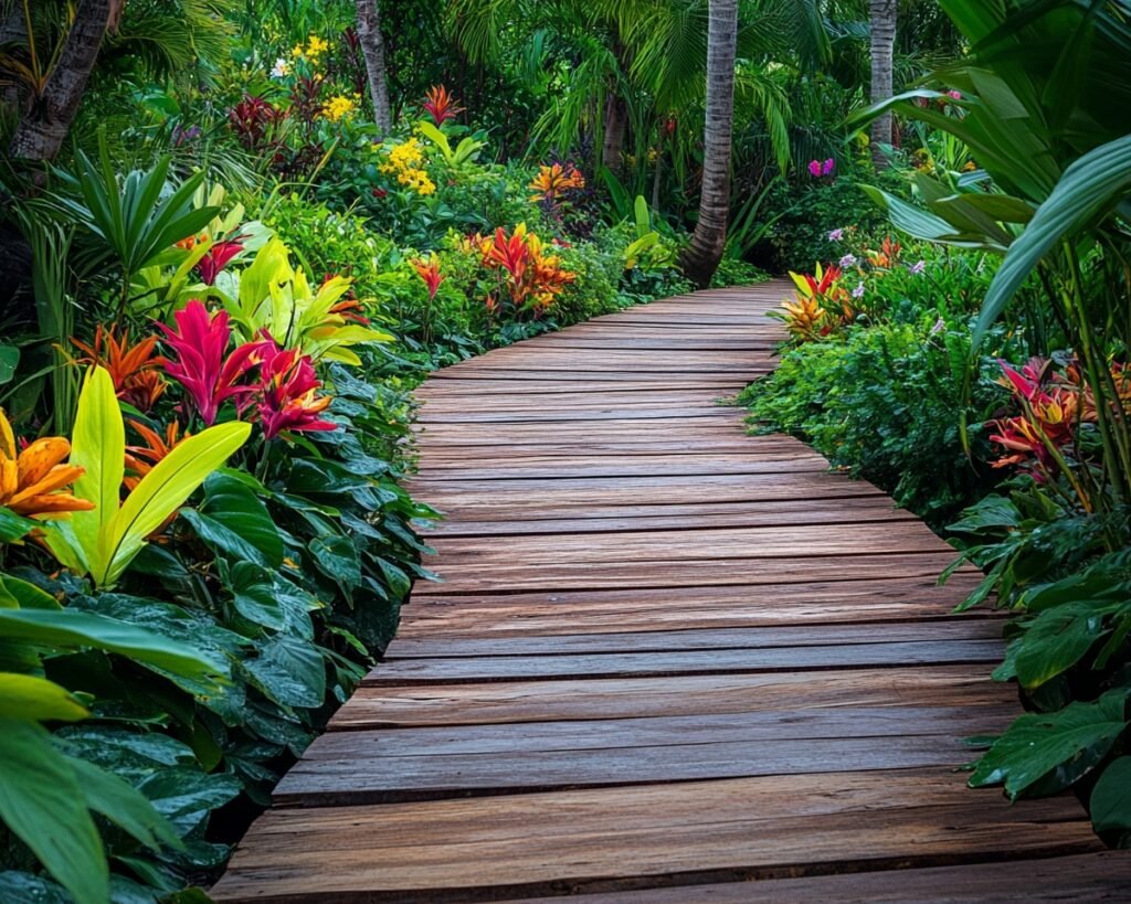 Tropical Wooden Walkway Through Vibrant Foliage