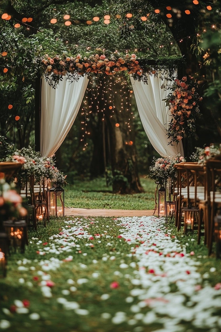 Twinkling Floral Arch and Petal Lined Aisle