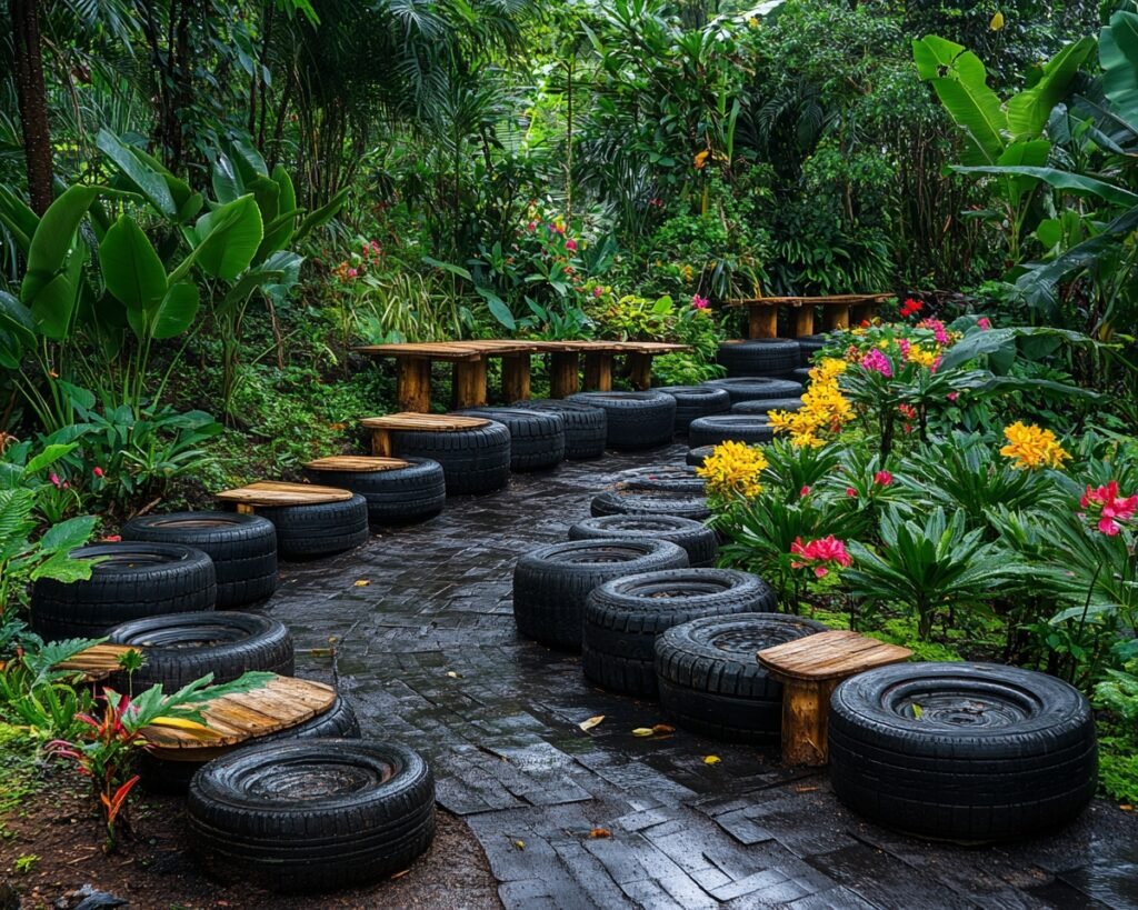 Upcycled Tire Pathway with Rustic Benches