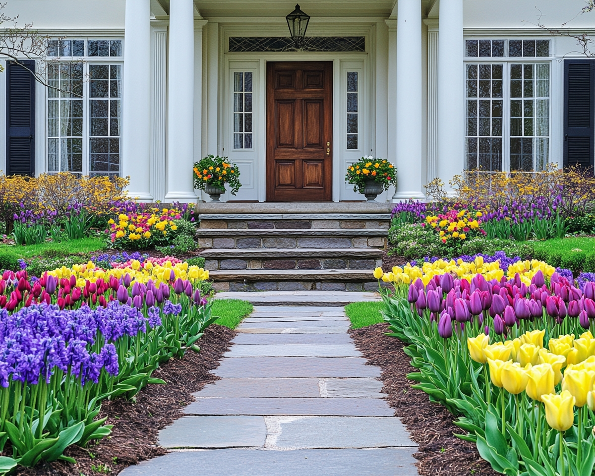 Vibrant Tulip and Hyacinth Display for a Welcoming Porch