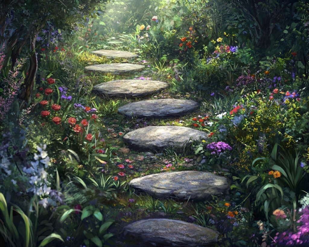 Whimsical Stone Path Through Wildflowers