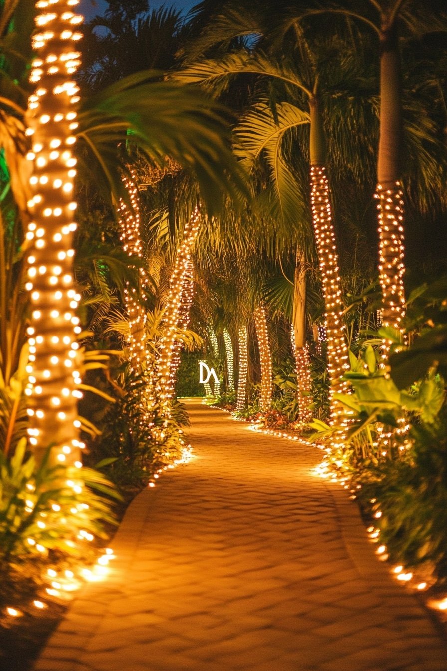 Wrap Palm Trees With String Lights for a Tropical Pathway Glow