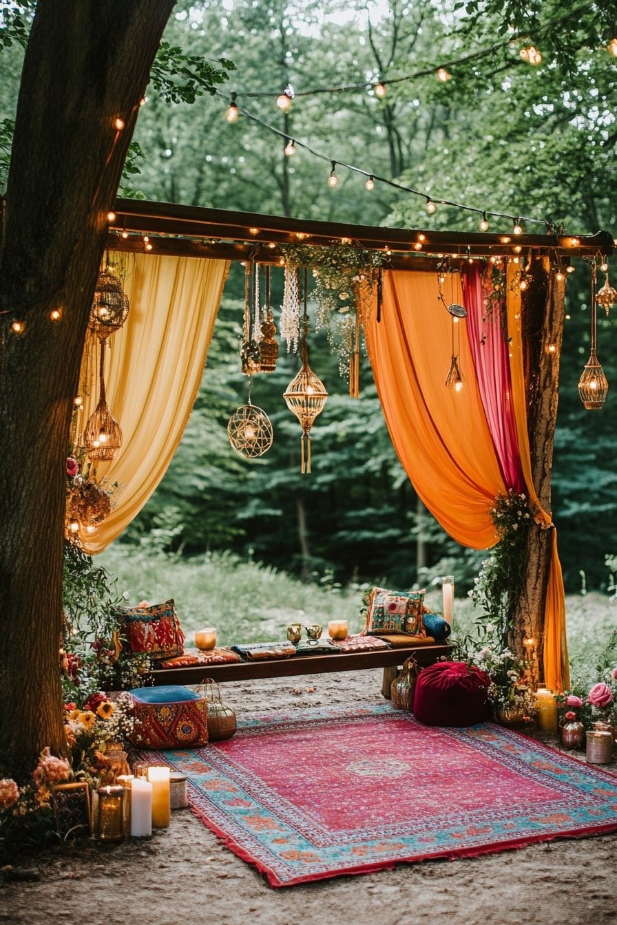 boho wedding ceremony decor with colorful drapes