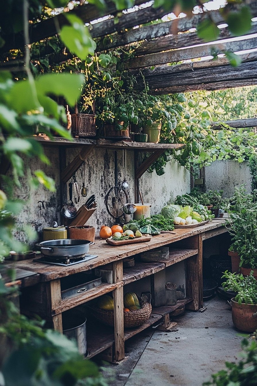 rustic garden kitchen with an abundance of fresh vegetables and herbs