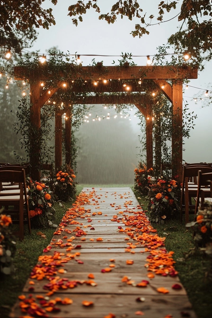 wooden arches decorated in greenery and orange flowers