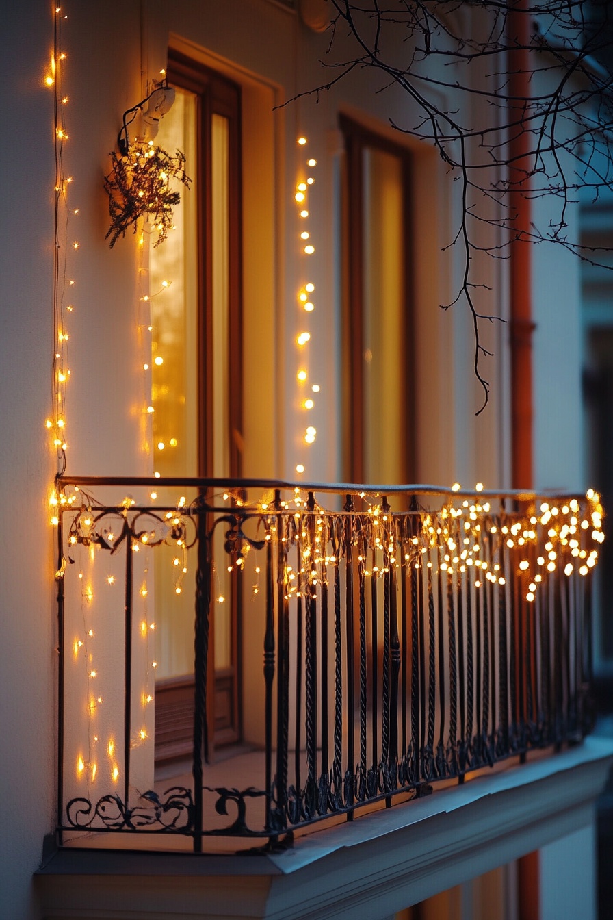 A balcony adorned with twinkling lights creating an 2