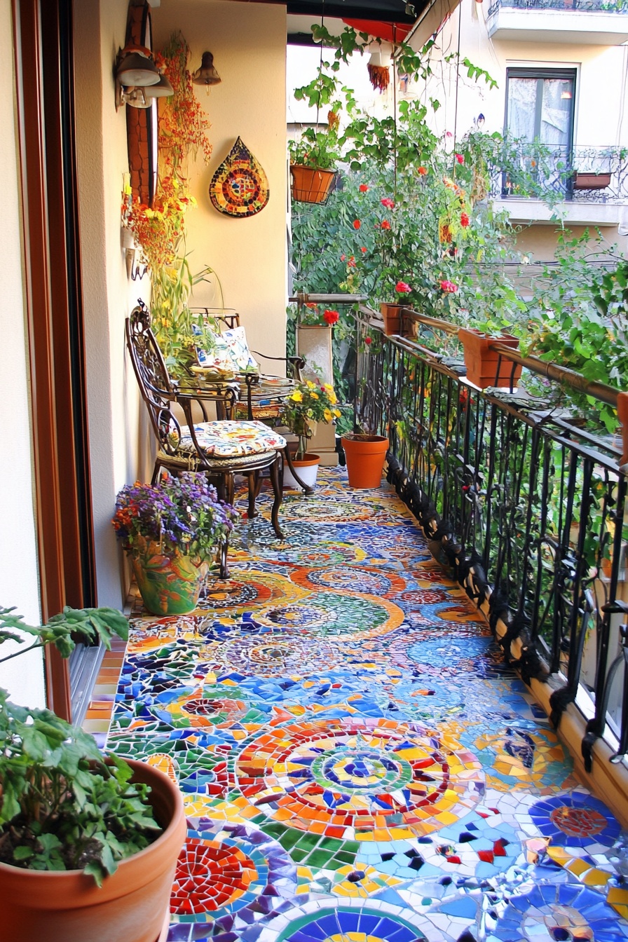 A balcony floor covered in colorful Italian tiles a e