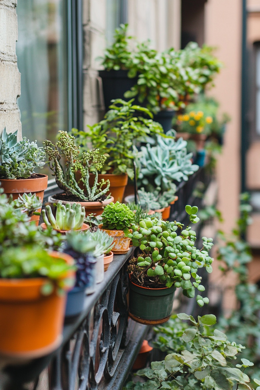 A balcony garden filled with potted succulents and 9