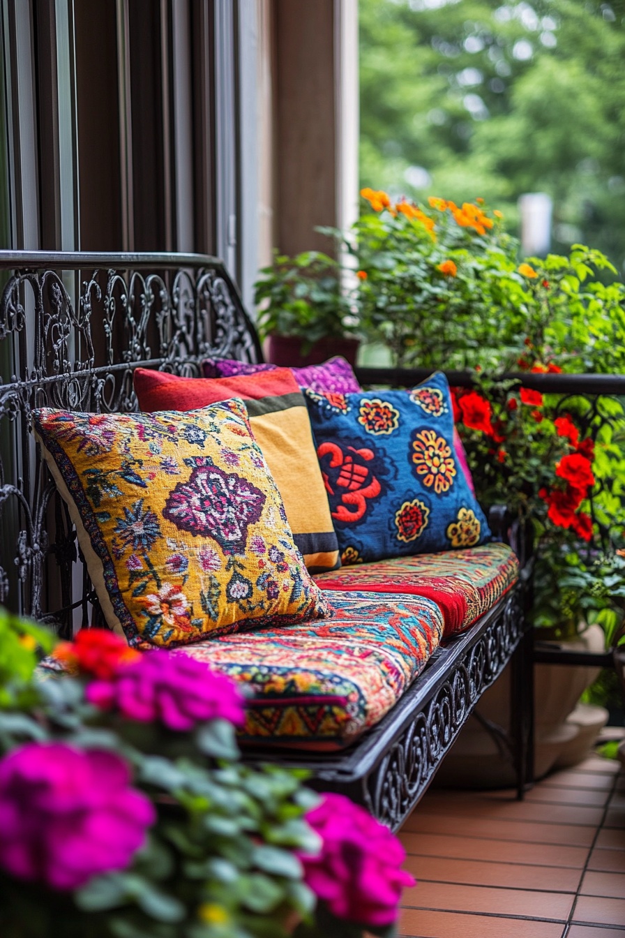 A balcony or patio with outdoor cushions in vibrant 1