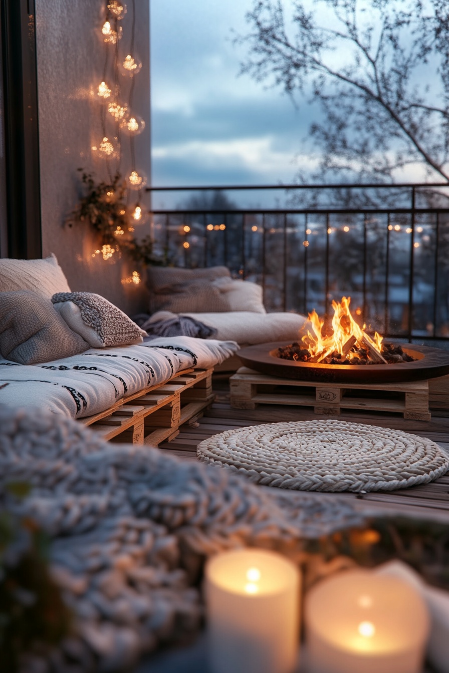 A balcony with an outdoor fire pit a cozy seating a a