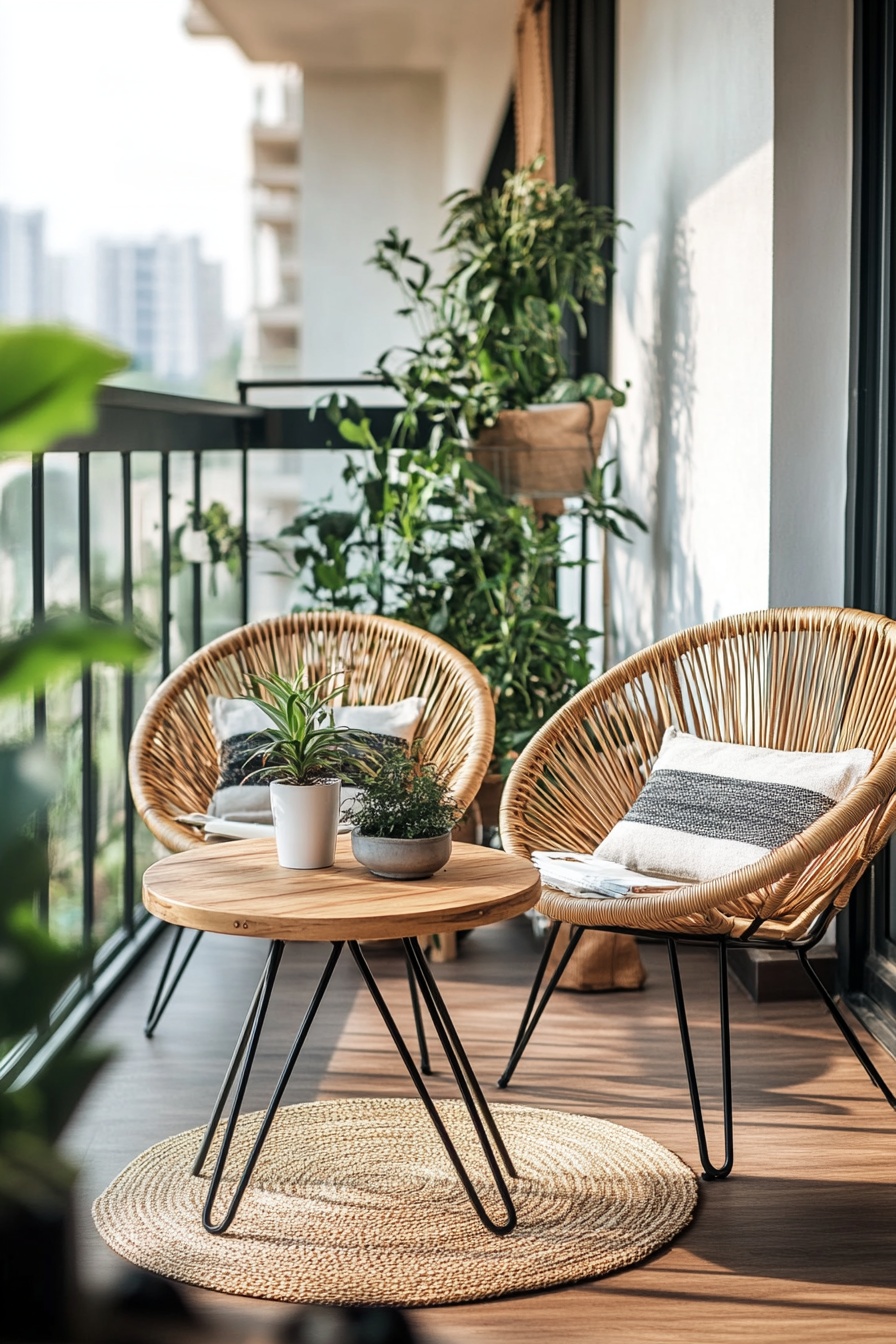 A balcony with wicker furniture two small round woo e