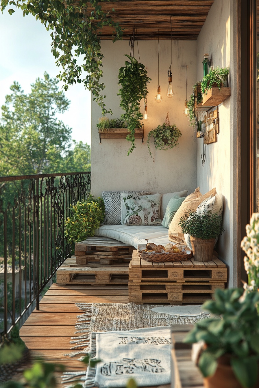 A balcony with wooden pallet seating featuring soft b