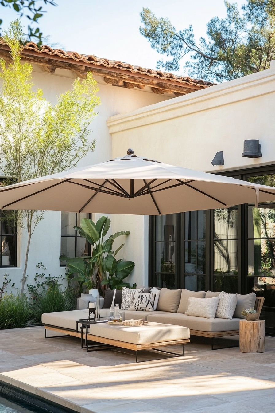 A beige patio umbrella is providing shade over an o e