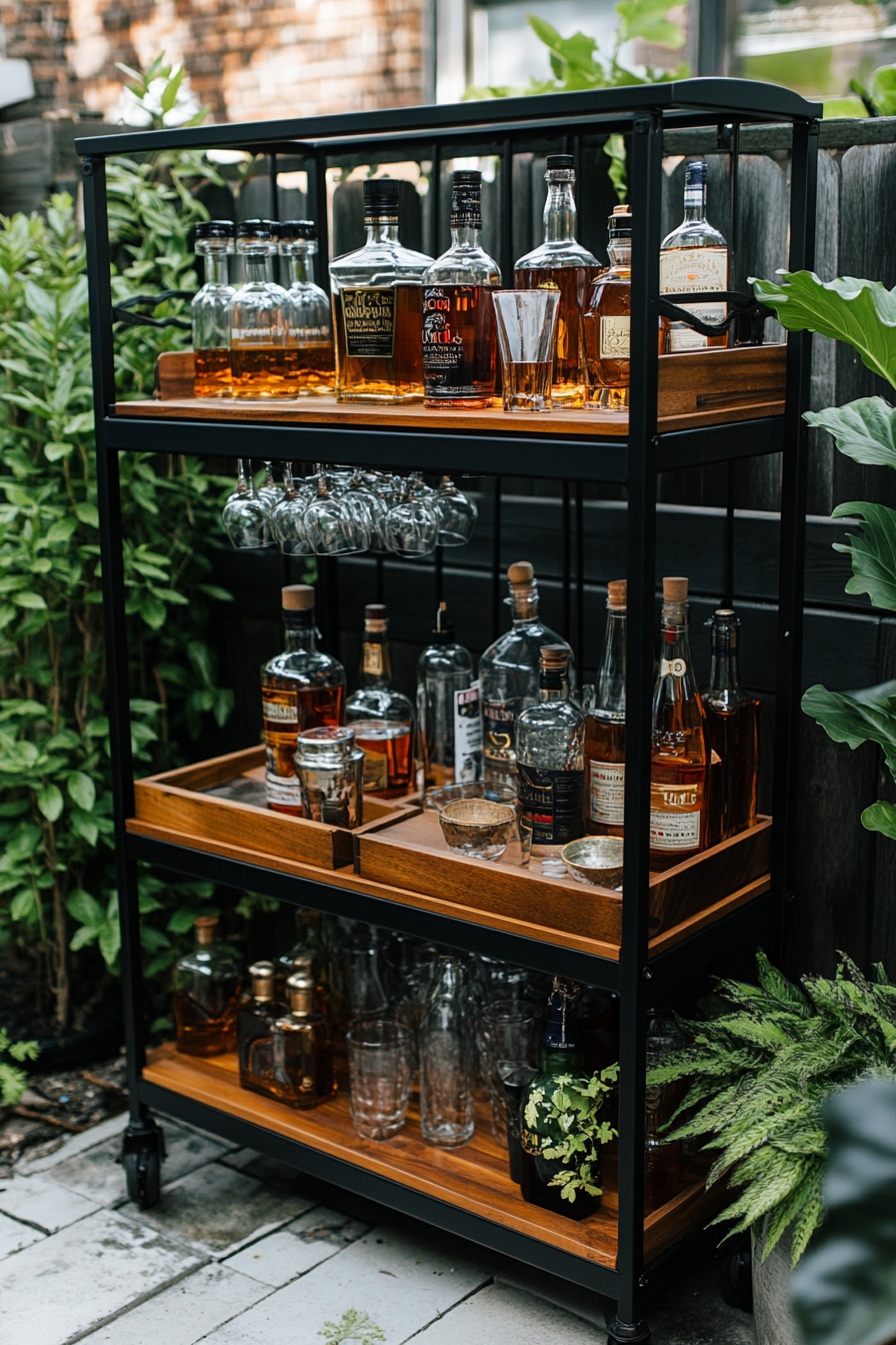 A black metal bar cart with four shelves each shelf 5