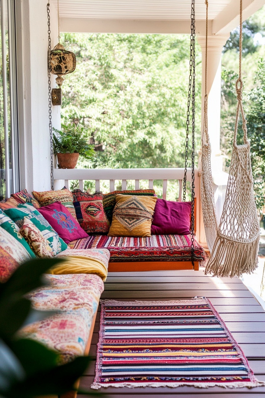 A bright and colorful balcony featuring a hanging s e