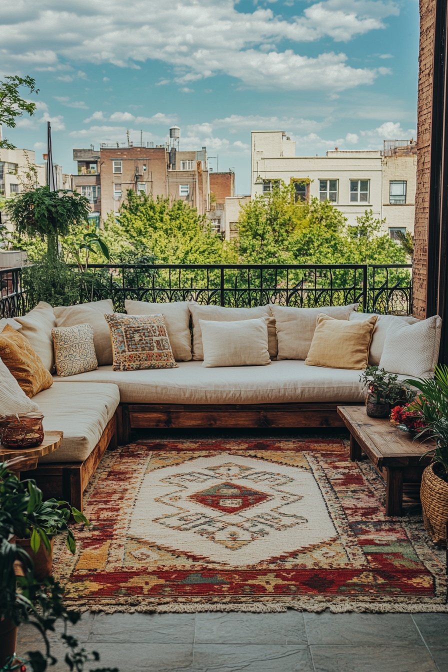 A large balcony with lots of cushions and pillows f f