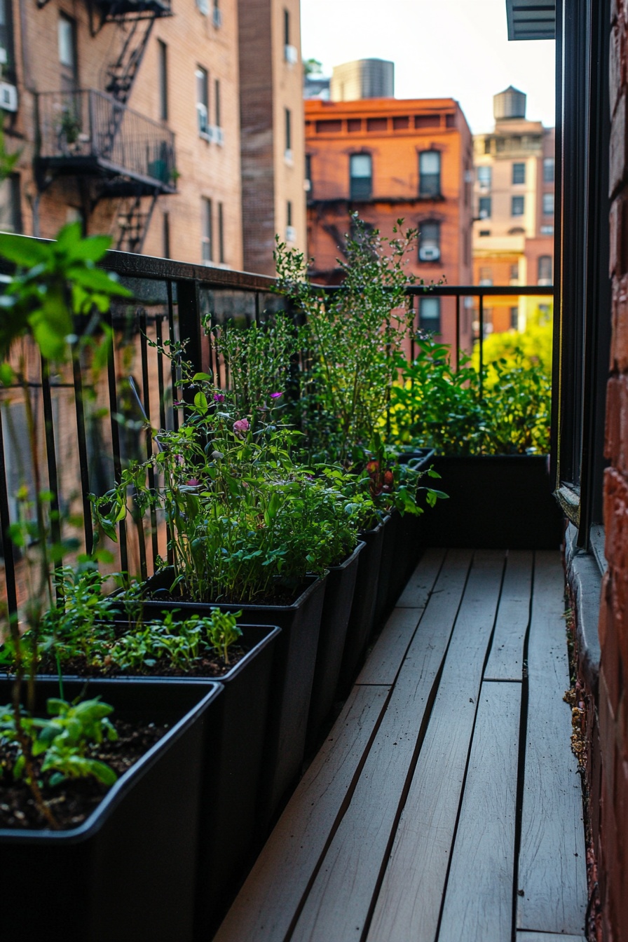 A small balcony garden with black planters full of f