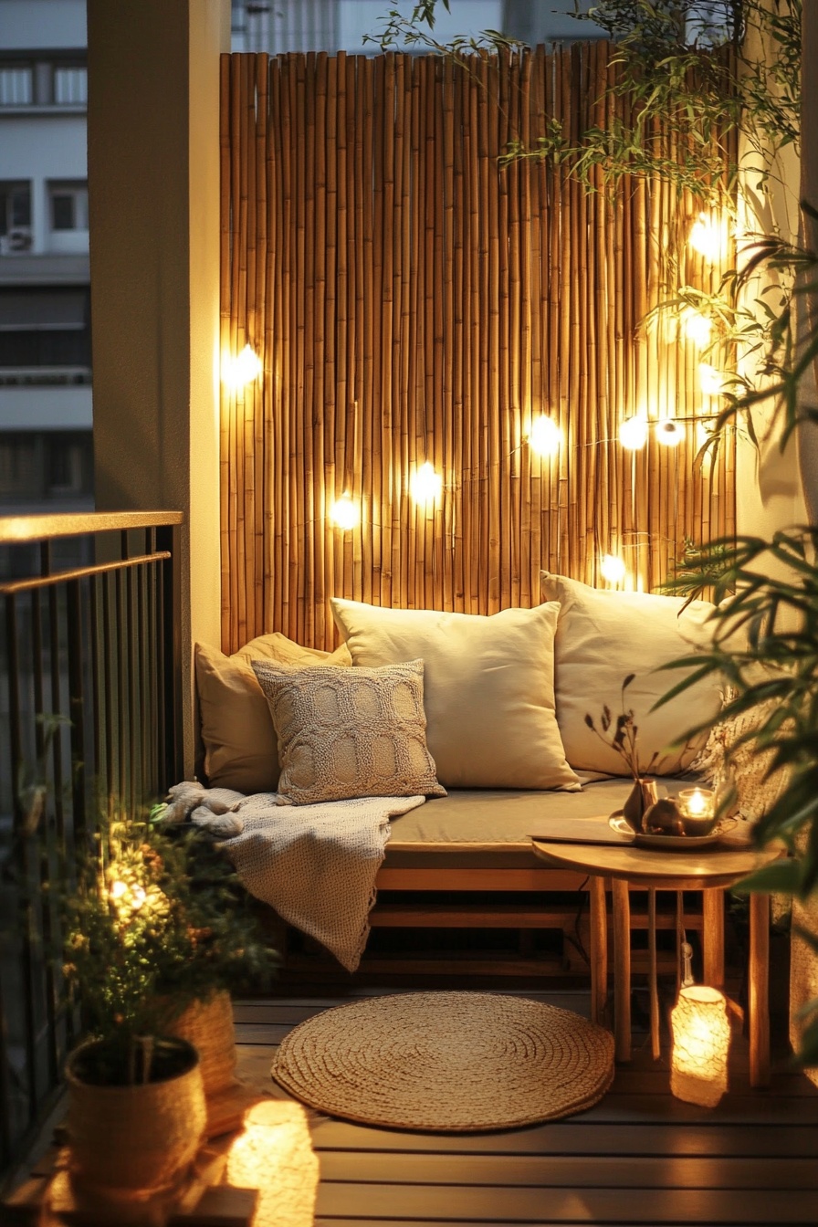 A small balcony with a bamboo wall creating a cozy 4