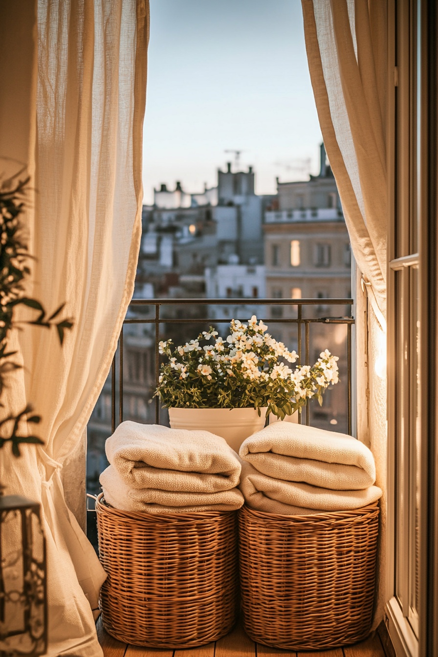 A small balcony with three stacked wicker baskets t 4