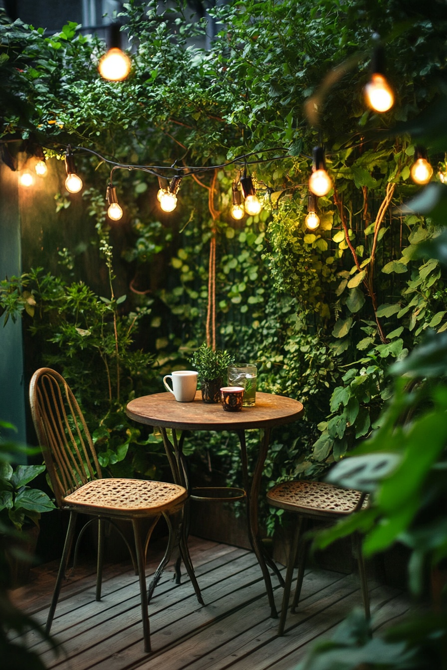 A small outdoor patio with an old metal bistro tabl 6